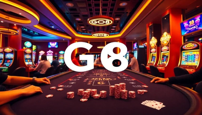 GO 8 casino scene showcasing vibrant poker chips and players at the table.