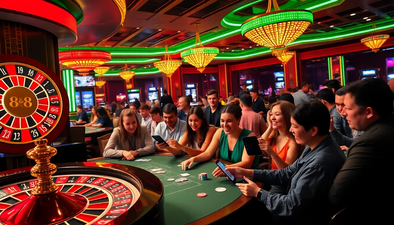 Gamblers celebrate at the new 88 casino with vibrant cards, chips, and a spinning roulette wheel.