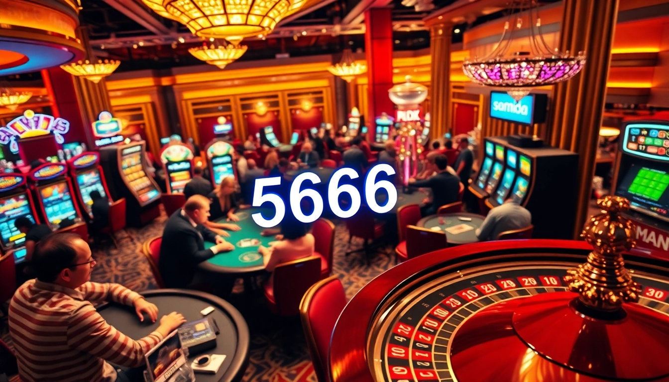 S666 đăng nhập to an exhilarating casino environment where players engage with blackjack tables, vibrant slot machines, and a spinning roulette wheel.