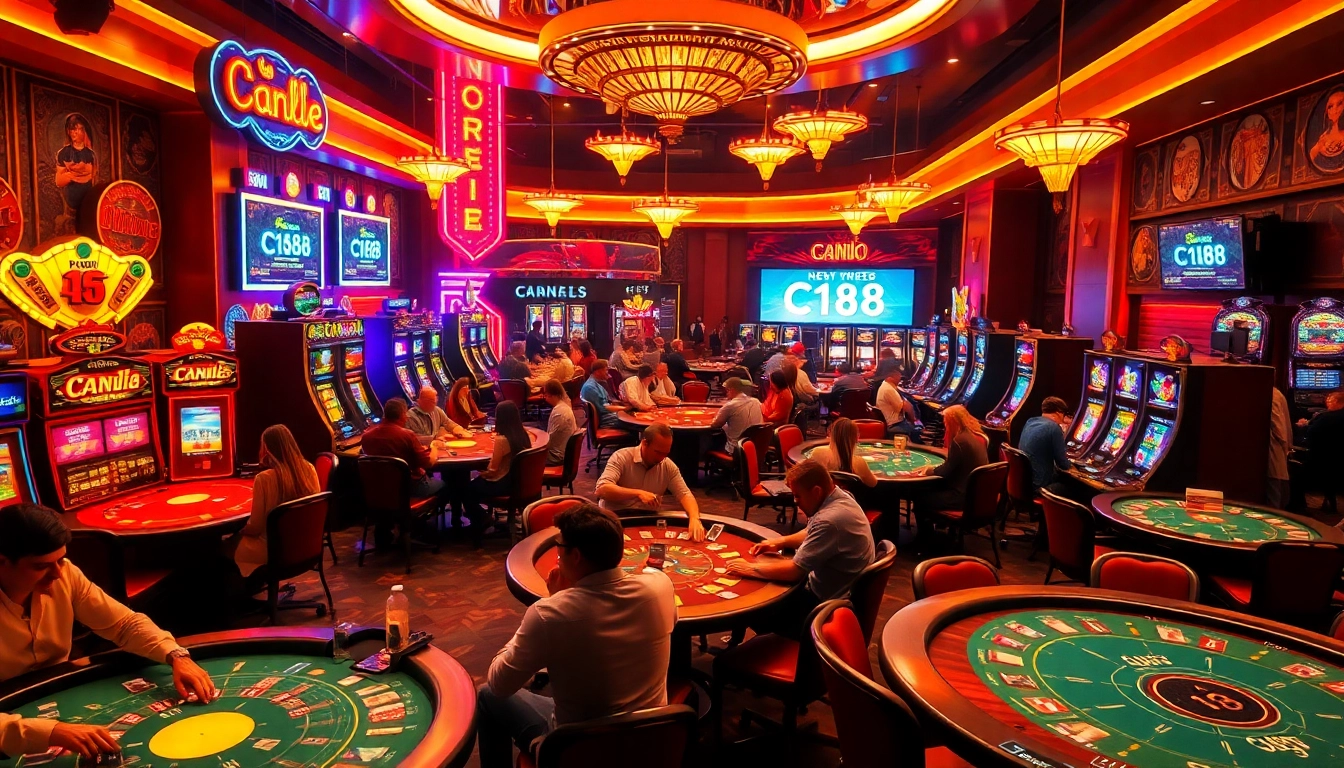 C168 casino tables bursting with excitement, vibrant poker chips, and illuminated slot machines.
