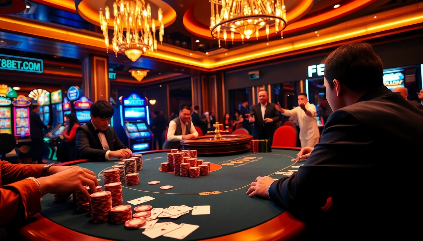 Gambling at a high-stakes poker table in a luxurious casino featuring F8BET.COM for premier online betting.