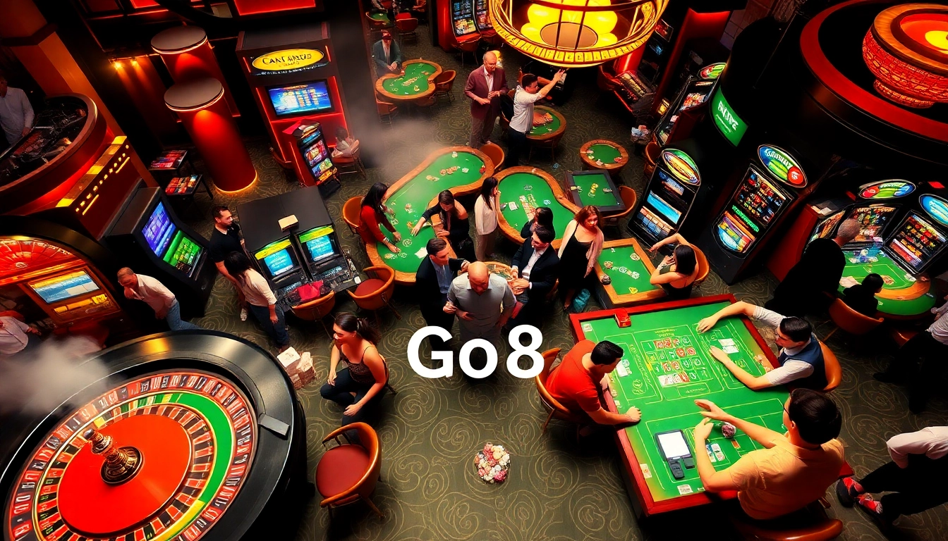 Go8 casino scene showcasing players engaged at roulette, slot machines, and poker, highlighting excitement and vibrant atmosphere.