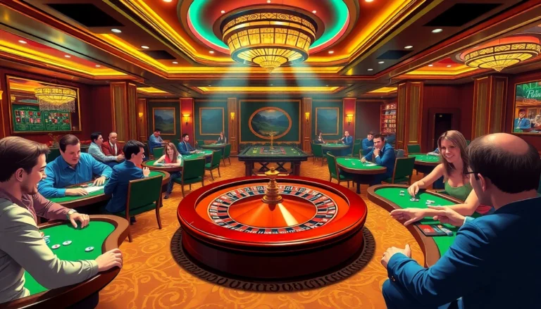 Discover LC88’s luxurious casino experience with engaging players at roulette and poker tables.